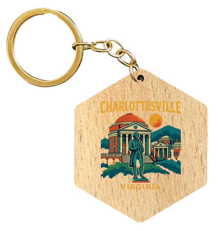 Charlottesville Virginia Vintage Design Souvenir Flat Wooden Keychain (Multiple Shapes) 