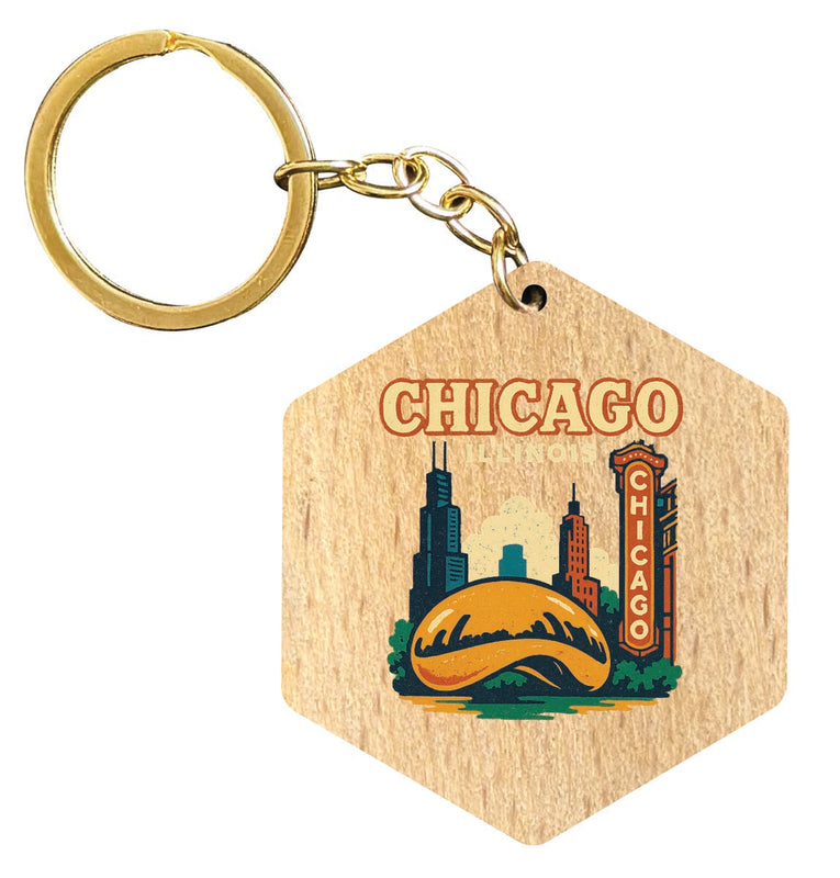 Chicago Illinois Vintage Design Souvenir Flat Wooden Keychain (Multiple Shapes) 