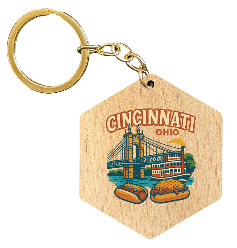 Cincinnati Ohio Vintage Design Souvenir Flat Wooden Keychain (Multiple Shapes) 