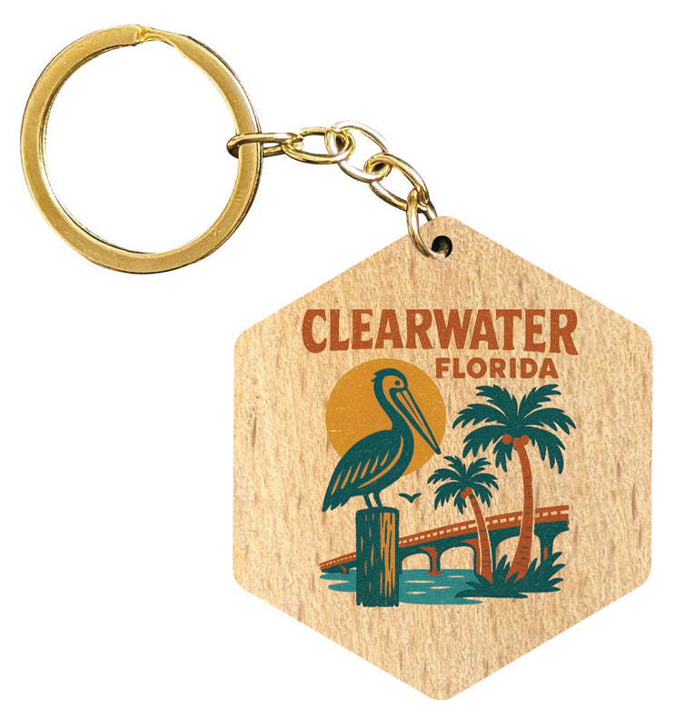 Clearwater Florida Vintage Design Souvenir Flat Wooden Keychain (Multiple Shapes) 