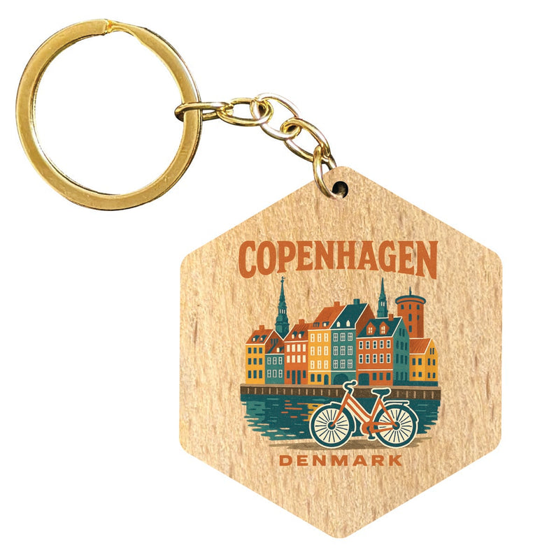Copenhagen Denmark Vintage Design Souvenir Flat Wooden Keychain (Multiple Shapes) 