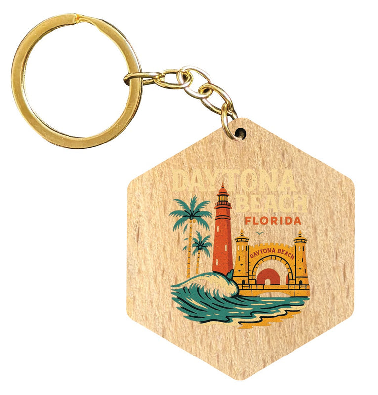 Daytona Beach Florida Vintage Design Souvenir Flat Wooden Keychain (Multiple Shapes) 