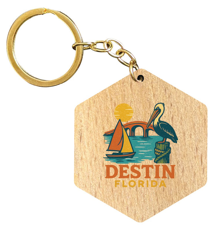 Destin Florida Vintage Design Souvenir Flat Wooden Keychain (Multiple Shapes) 