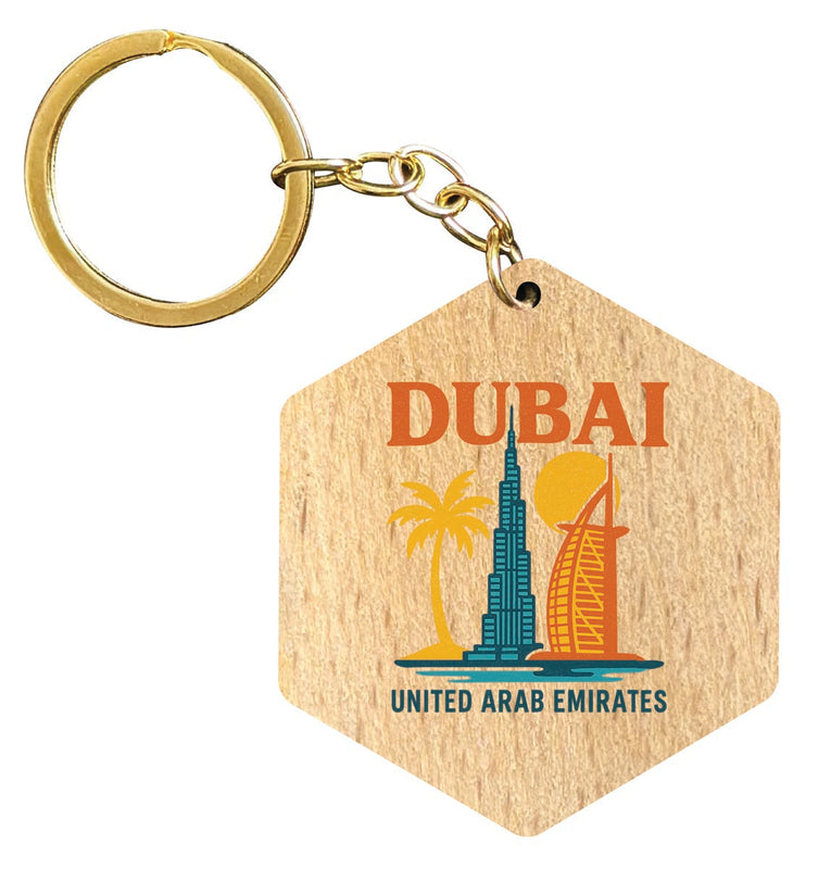Dubai United Arab Emirates Vintage Design Souvenir Flat Wooden Keychain (Multiple Shapes) 