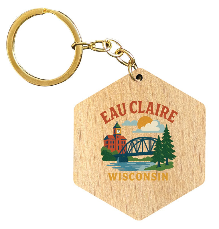 Eau Claire Wisconsin Vintage Design Souvenir Flat Wooden Keychain (Multiple Shapes) 