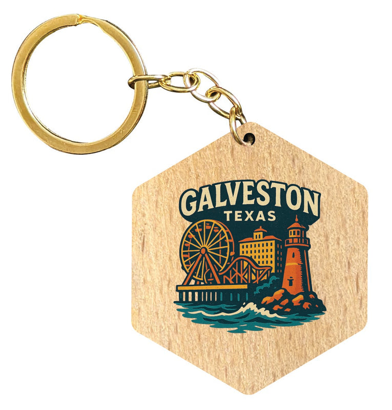 Galveston Texas Vintage Design Souvenir Flat Wooden Keychain (Multiple Shapes) 