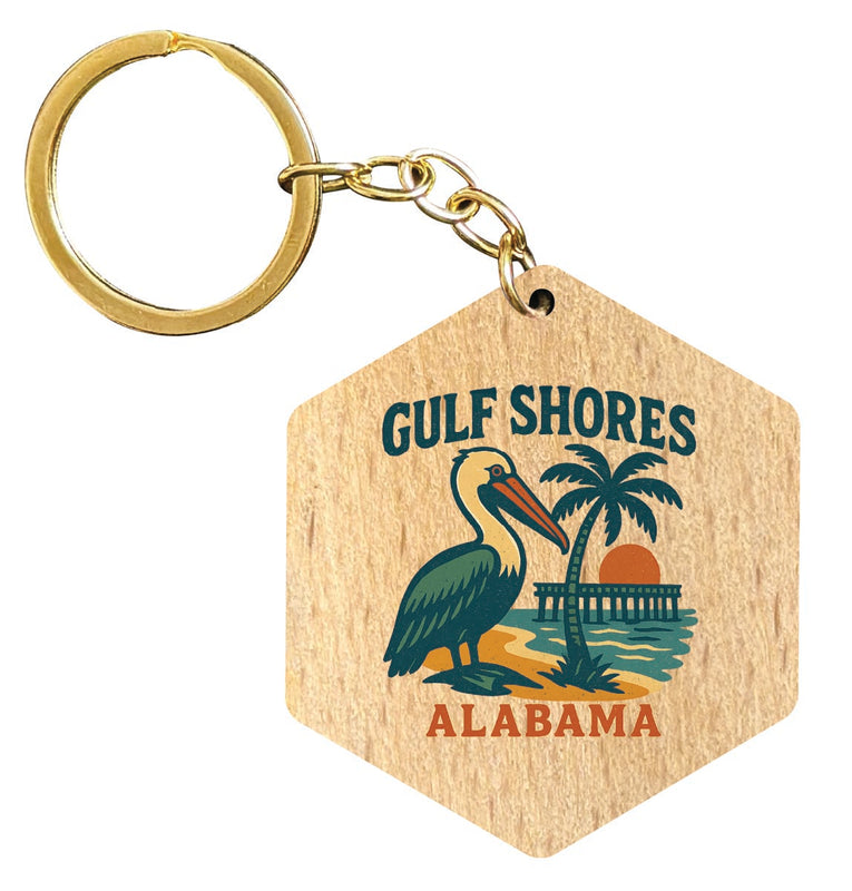 Gulf Shores Alabama Vintage Design Souvenir Flat Wooden Keychain (Multiple Shapes) 