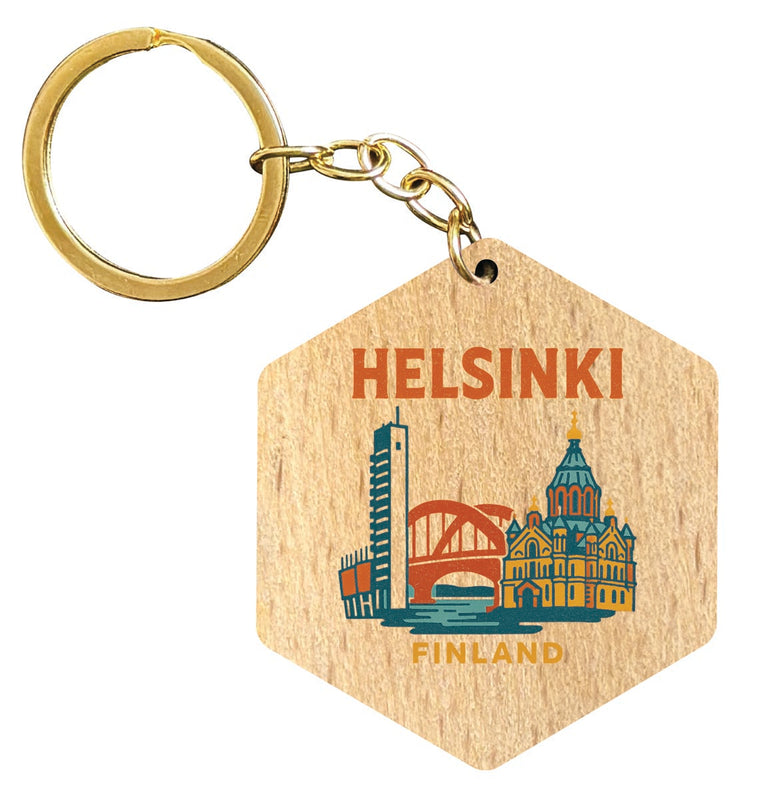 Helsinki Finland Vintage Design Souvenir Flat Wooden Keychain (Multiple Shapes) 