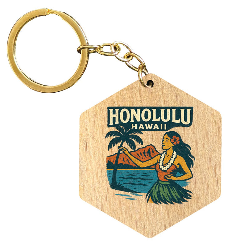 Honolulu Hawaii Vintage Design Souvenir Flat Wooden Keychain (Multiple Shapes) 