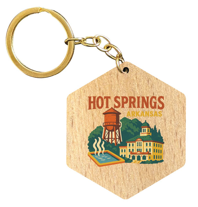 Hot Springs Arkansas Vintage Design Souvenir Flat Wooden Keychain (Multiple Shapes) 