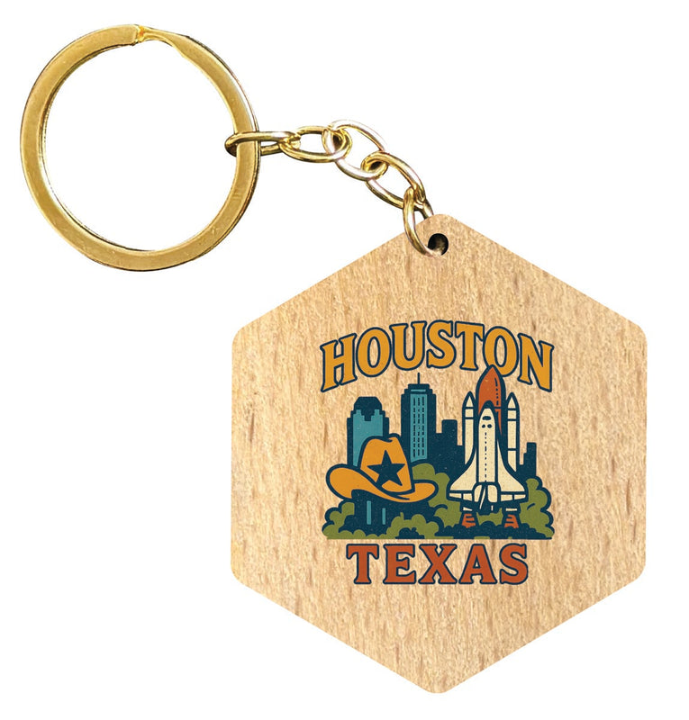 Houston Texas Vintage Design Souvenir Flat Wooden Keychain (Multiple Shapes) 