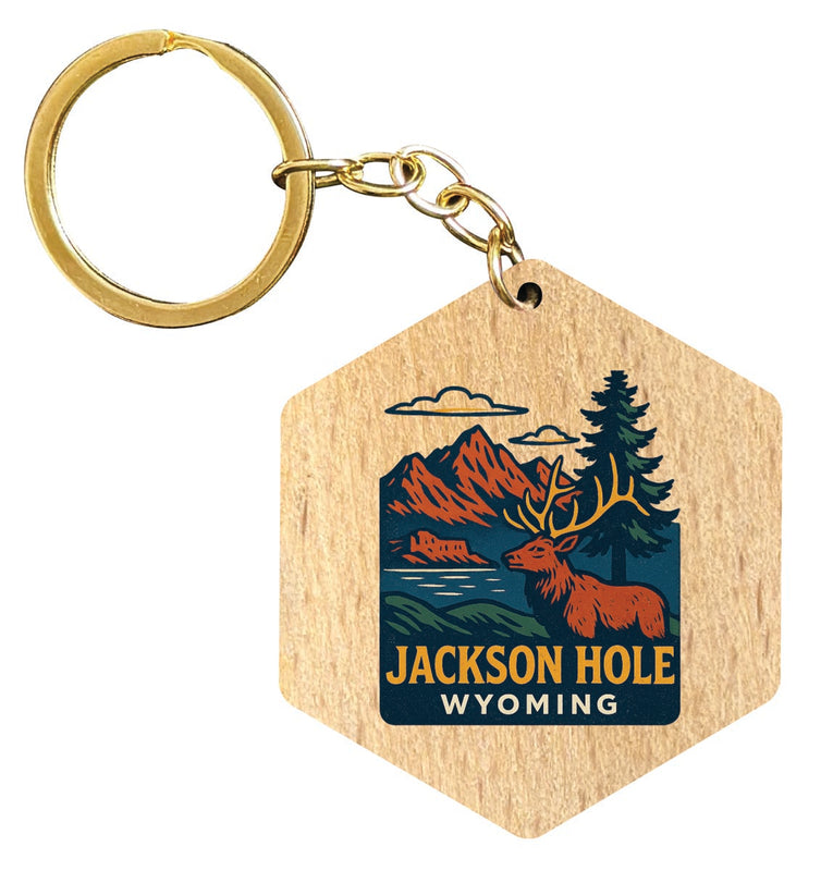 Jackson Hole Wyoming Vintage Design Souvenir Flat Wooden Keychain (Multiple Shapes) 
