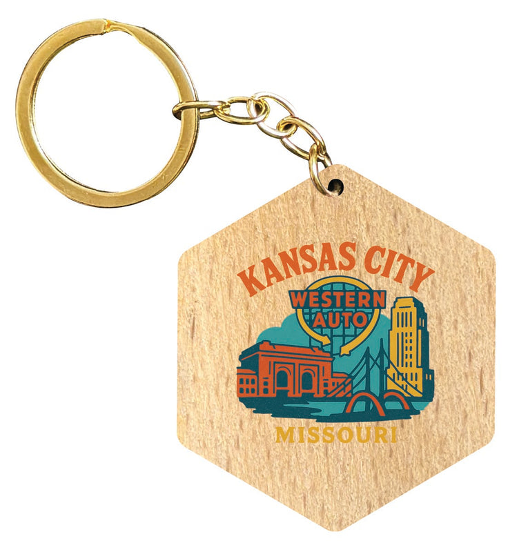Kansas City Missouri Vintage Design Souvenir Flat Wooden Keychain (Multiple Shapes) 