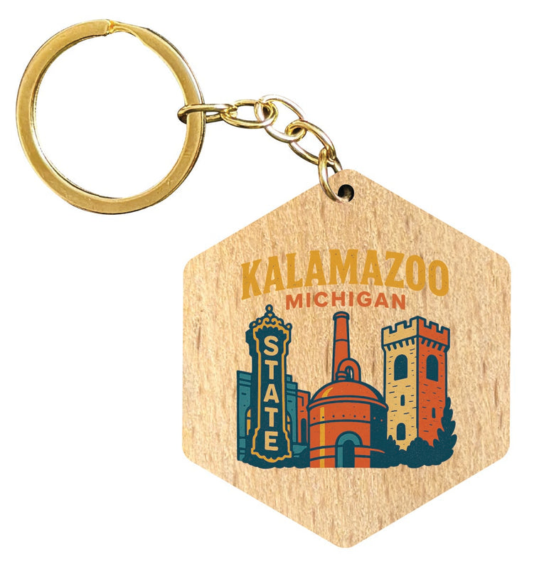 Kalamazoo Michigan Vintage Design Souvenir Flat Wooden Keychain (Multiple Shapes) 