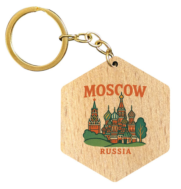 Moscow Russia Vintage Design Souvenir Flat Wooden Keychain (Multiple Shapes) 