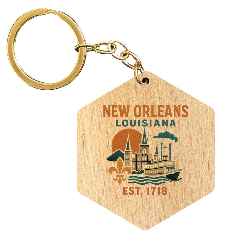 New Orleans Louisiana Vintage Design Souvenir Flat Wooden Keychain (Multiple Shapes) 