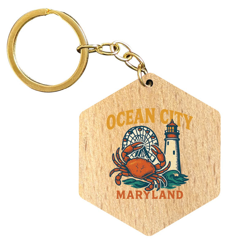 Ocean City Maryland Vintage Design Souvenir Flat Wooden Keychain (Multiple Shapes) 