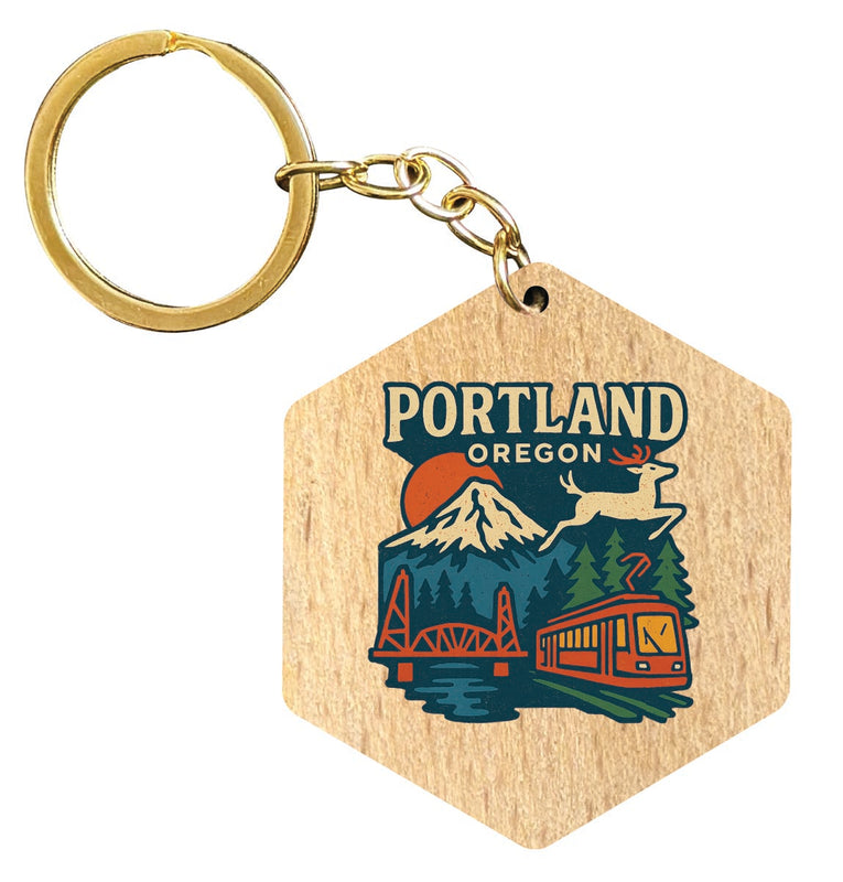 Portland Oregon Vintage Design Souvenir Flat Wooden Keychain (Multiple Shapes) 