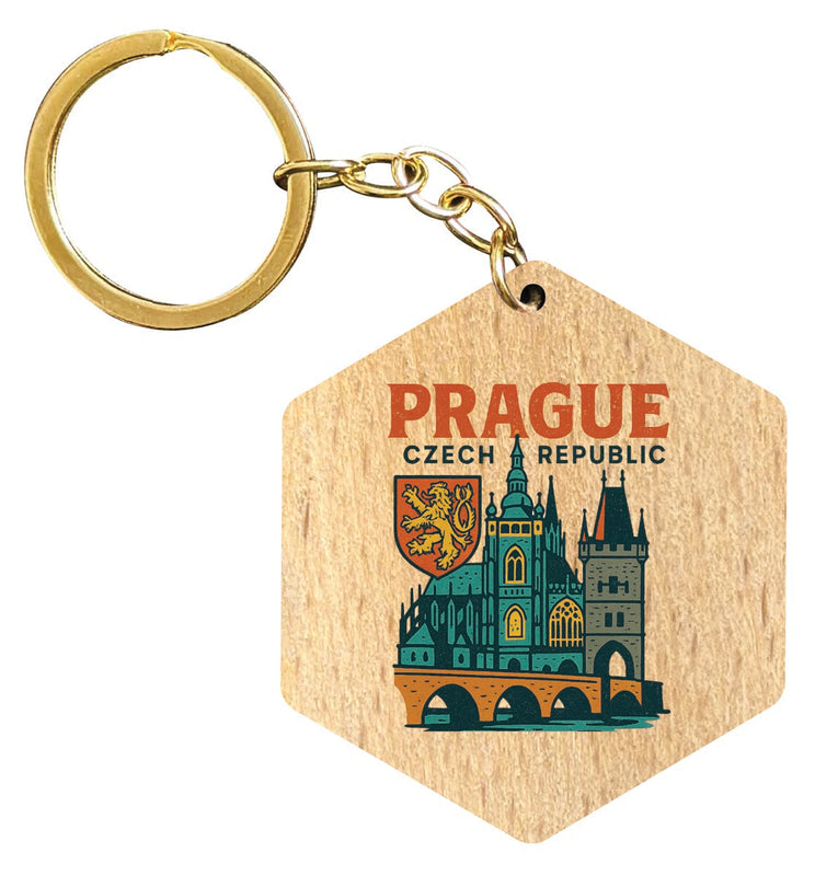 Prague Czech Republic Vintage Design Souvenir Flat Wooden Keychain (Multiple Shapes) 