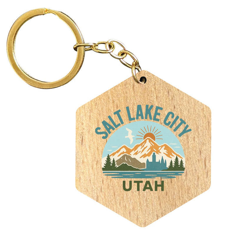Salt Lake City Utah Vintage Design Souvenir Flat Wooden Keychain (Multiple Shapes) 