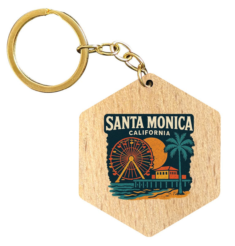 Santa Monica California Vintage Design Souvenir Flat Wooden Keychain (Multiple Shapes) 