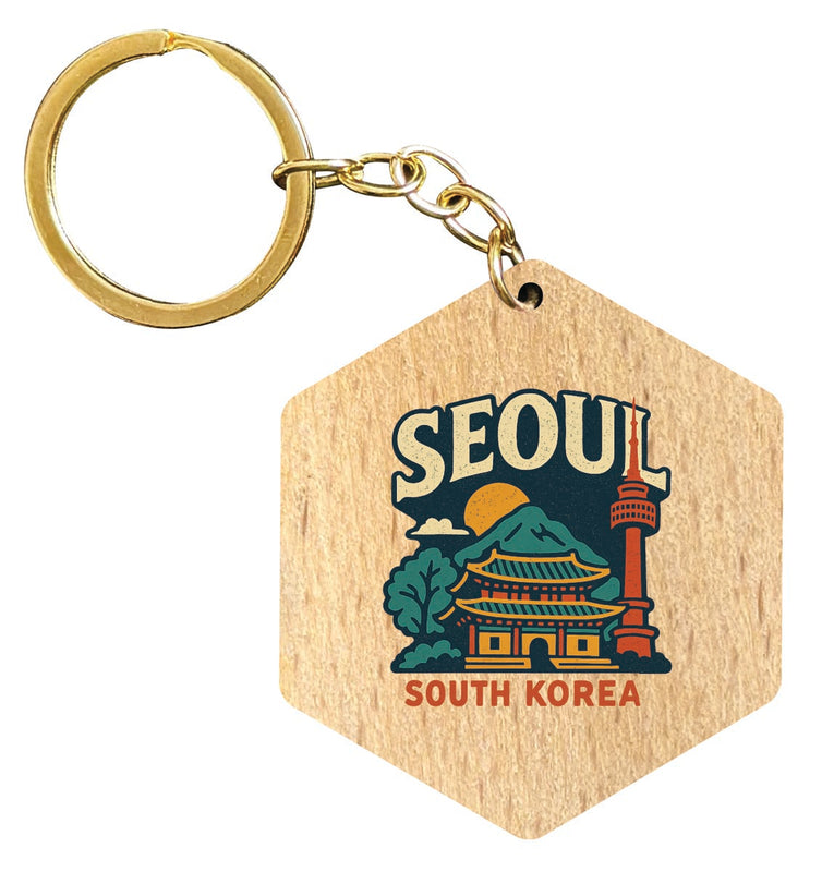 Seoul South Korea Vintage Design Souvenir Flat Wooden Keychain (Multiple Shapes) 