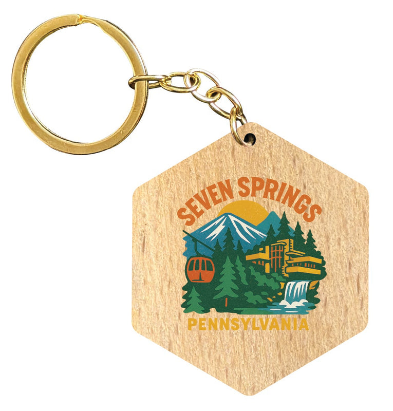 Seven Springs Pennsylvania Vintage Design Souvenir Flat Wooden Keychain (Multiple Shapes) 