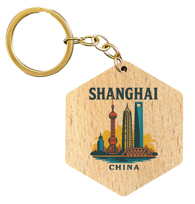 Shanghai China Vintage Design Souvenir Flat Wooden Keychain (Multiple Shapes) 