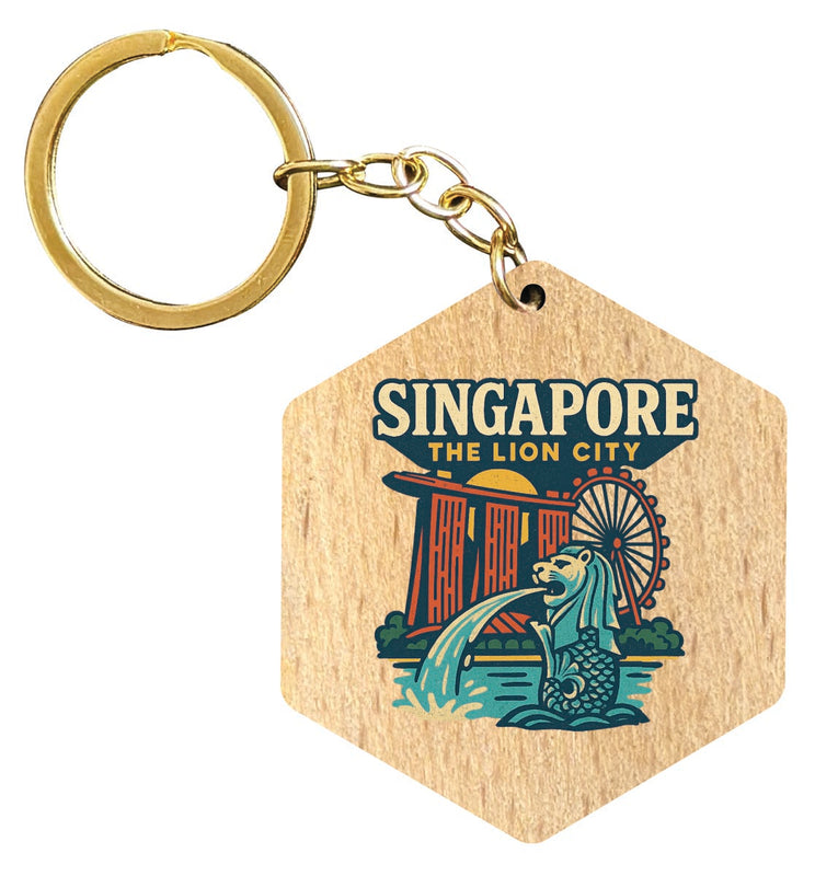 Singapore Vintage Design Souvenir Flat Wooden Keychain (Multiple Shapes) 