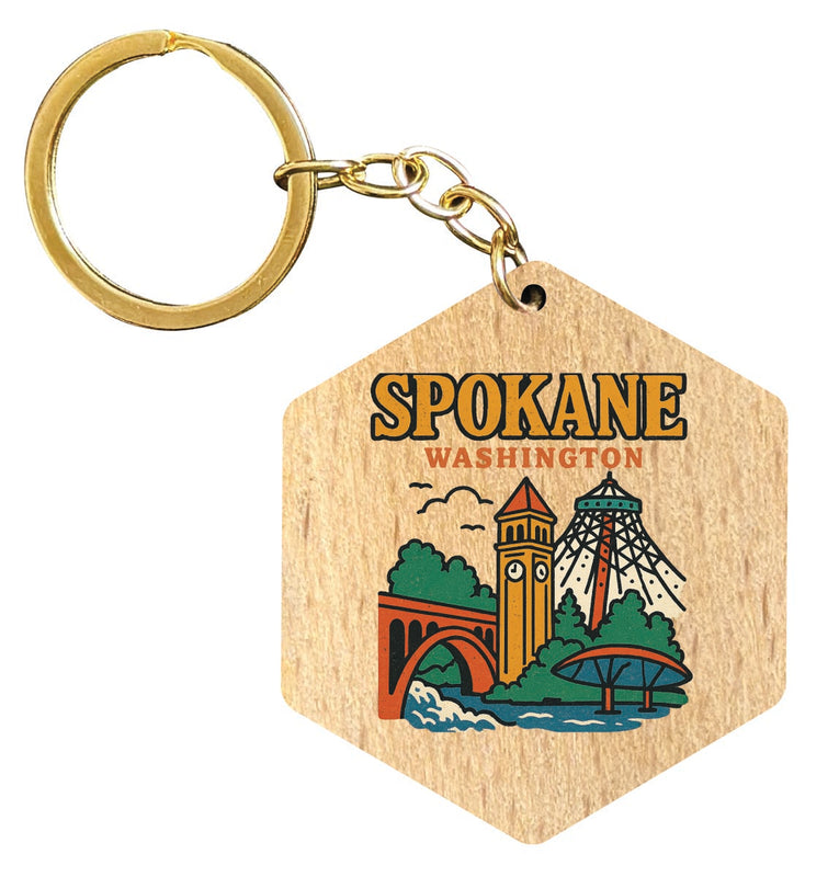 Spokane Washington Vintage Design Souvenir Flat Wooden Keychain (Multiple Shapes) 