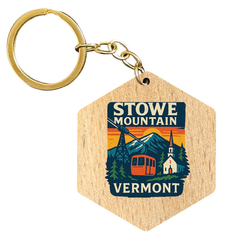 Stowe Mountain Vermont Vintage Design Souvenir Flat Wooden Keychain (Multiple Shapes) 