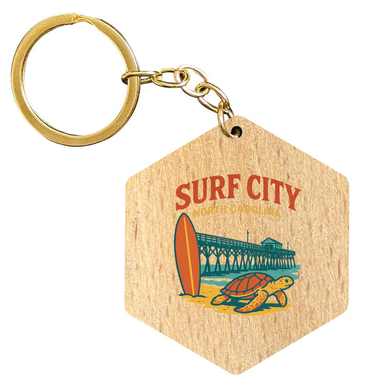 Surf City North Carolina Vintage Design Souvenir Flat Wooden Keychain (Multiple Shapes) 