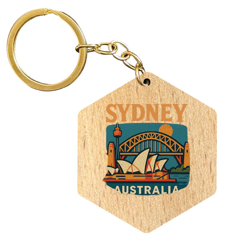 Sydney Australia Vintage Design Souvenir Flat Wooden Keychain (Multiple Shapes) 