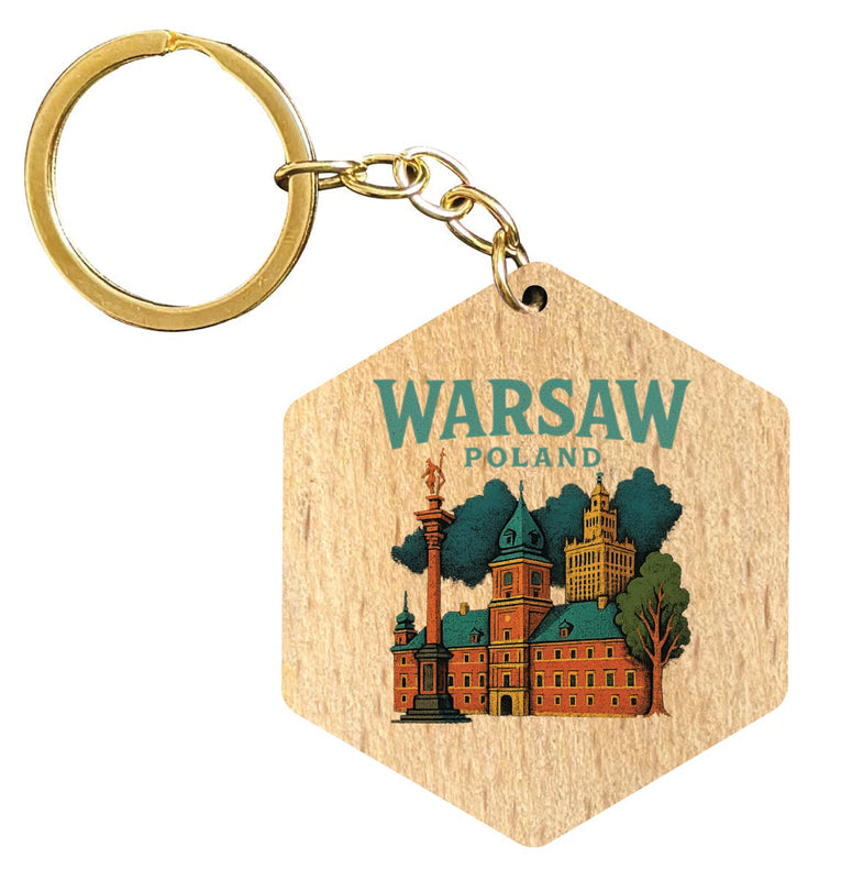Warsaw Poland Vintage Design Souvenir Flat Wooden Keychain (Multiple Shapes) 