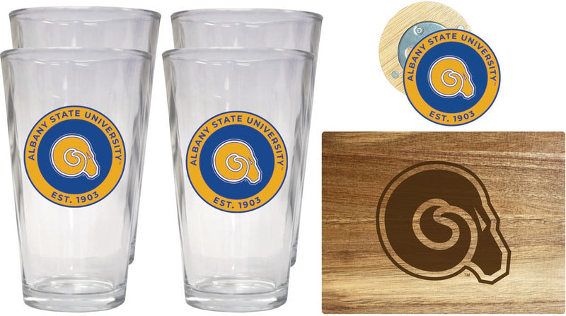 Albany State University Officially Licensed Kitchen Gift Pack - Engraved Wood Cutting Board, 4 Pint Glasses & Magnetic Bottle Opener 