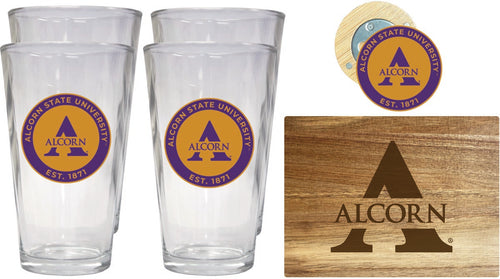 Alcorn State Braves Officially Licensed Kitchen Gift Pack - Engraved Wood Cutting Board, 4 Pint Glasses & Magnetic Bottle Opener 