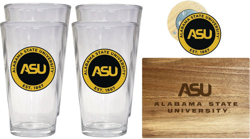 Alabama State University Officially Licensed Kitchen Gift Pack - Engraved Wood Cutting Board, 4 Pint Glasses & Magnetic Bottle Opener 