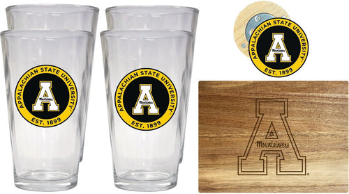 Appalachian State Officially Licensed Kitchen Gift Pack - Engraved Wood Cutting Board, 4 Pint Glasses & Magnetic Bottle Opener 