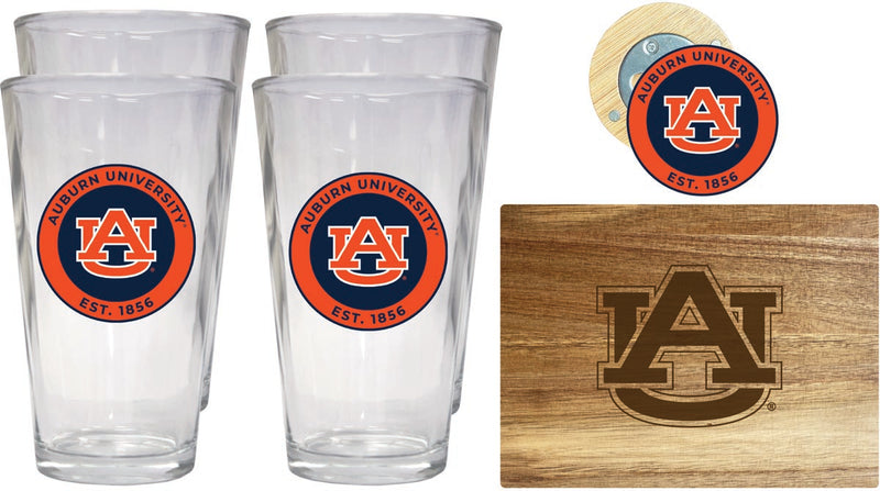 Auburn Tigers Officially Licensed Kitchen Gift Pack - Engraved Wood Cutting Board, 4 Pint Glasses & Magnetic Bottle Opener 