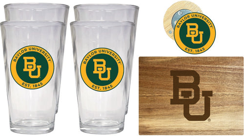 Baylor Bears Officially Licensed Kitchen Gift Pack - Engraved Wood Cutting Board, 4 Pint Glasses & Magnetic Bottle Opener 