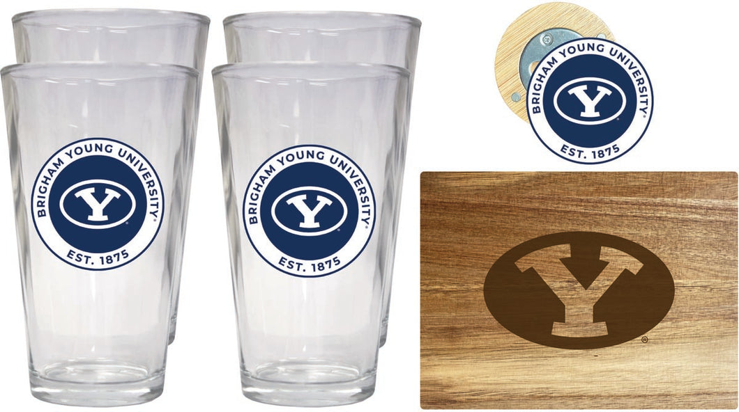 Brigham Young Cougars Officially Licensed Kitchen Gift Pack - Engraved Wood Cutting Board, 4 Pint Glasses & Magnetic Bottle Opener 