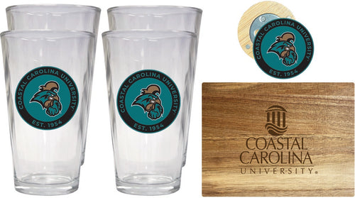 Coastal Carolina University Officially Licensed Kitchen Gift Pack - Engraved Wood Cutting Board, 4 Pint Glasses & Magnetic Bottle Opener 