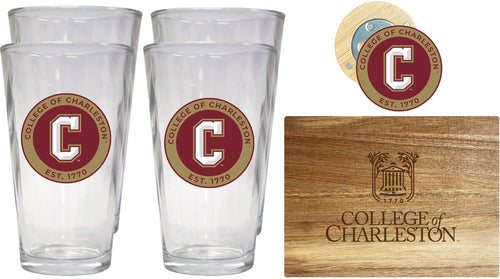 College of Charleston Officially Licensed Kitchen Gift Pack - Engraved Wood Cutting Board, 4 Pint Glasses & Magnetic Bottle Opener 