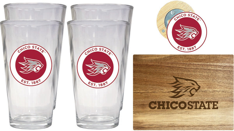 California State University, Chico Officially Licensed Kitchen Gift Pack - Engraved Wood Cutting Board, 4 Pint Glasses & Magnetic Bottle Opener 