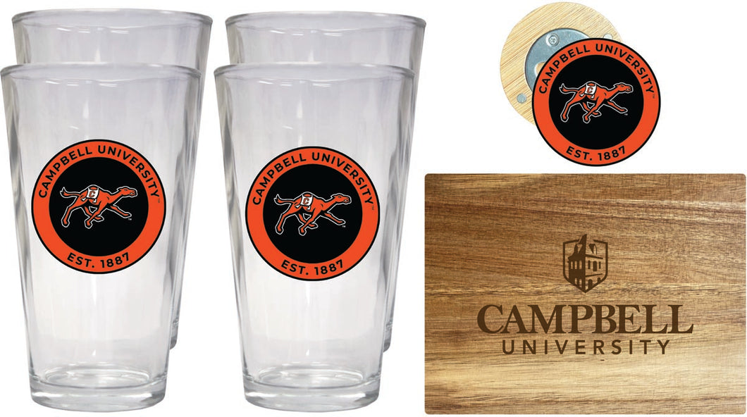 Campbell University Fighting Camels Officially Licensed Kitchen Gift Pack - Engraved Wood Cutting Board, 4 Pint Glasses & Magnetic Bottle Opener 