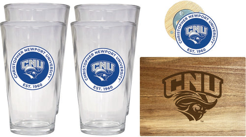 Christopher Newport Captains Officially Licensed Kitchen Gift Pack - Engraved Wood Cutting Board, 4 Pint Glasses & Magnetic Bottle Opener 