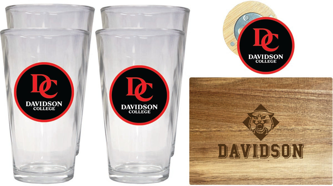 Davidson College Officially Licensed Kitchen Gift Pack - Engraved Wood Cutting Board, 4 Pint Glasses & Magnetic Bottle Opener 