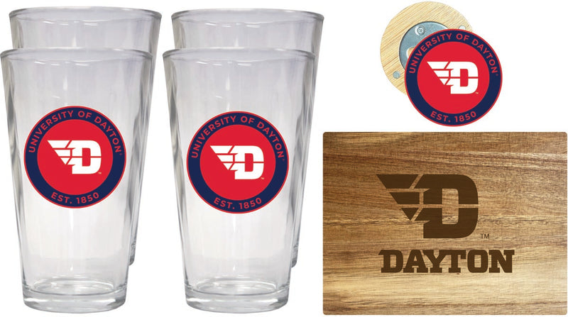 Dayton Flyers Officially Licensed Kitchen Gift Pack - Engraved Wood Cutting Board, 4 Pint Glasses & Magnetic Bottle Opener 