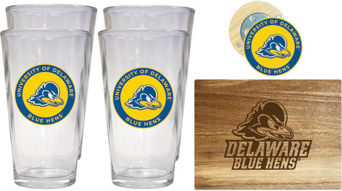 Delaware Blue Hens Officially Licensed Kitchen Gift Pack - Engraved Wood Cutting Board, 4 Pint Glasses & Magnetic Bottle Opener 