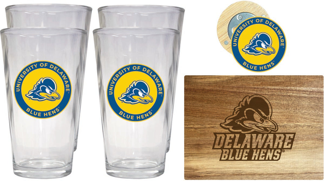 Delaware Blue Hens Officially Licensed Kitchen Gift Pack - Engraved Wood Cutting Board, 4 Pint Glasses & Magnetic Bottle Opener 